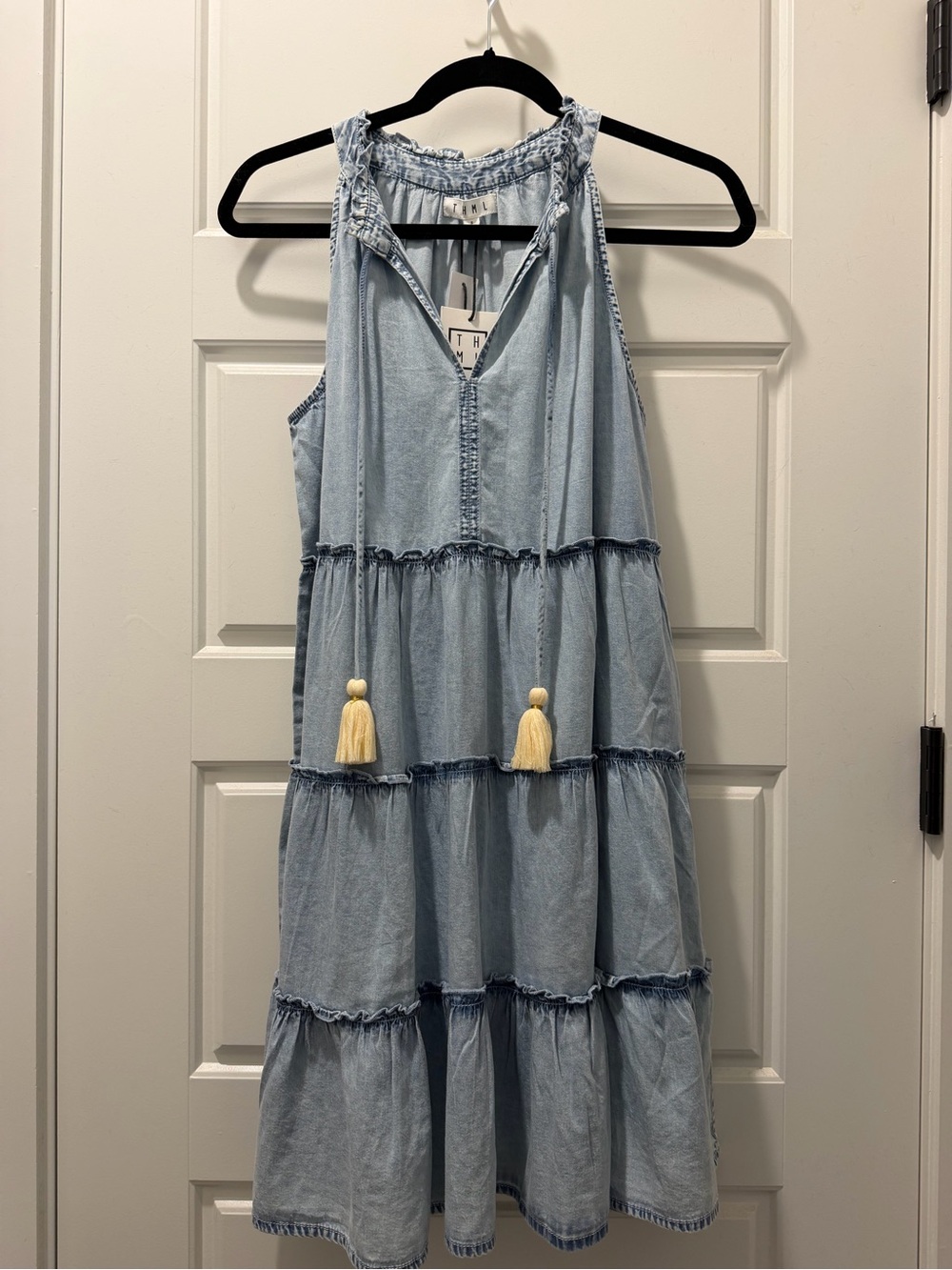 THML Light Wash Denim Tiered Mini Dress with Tassels